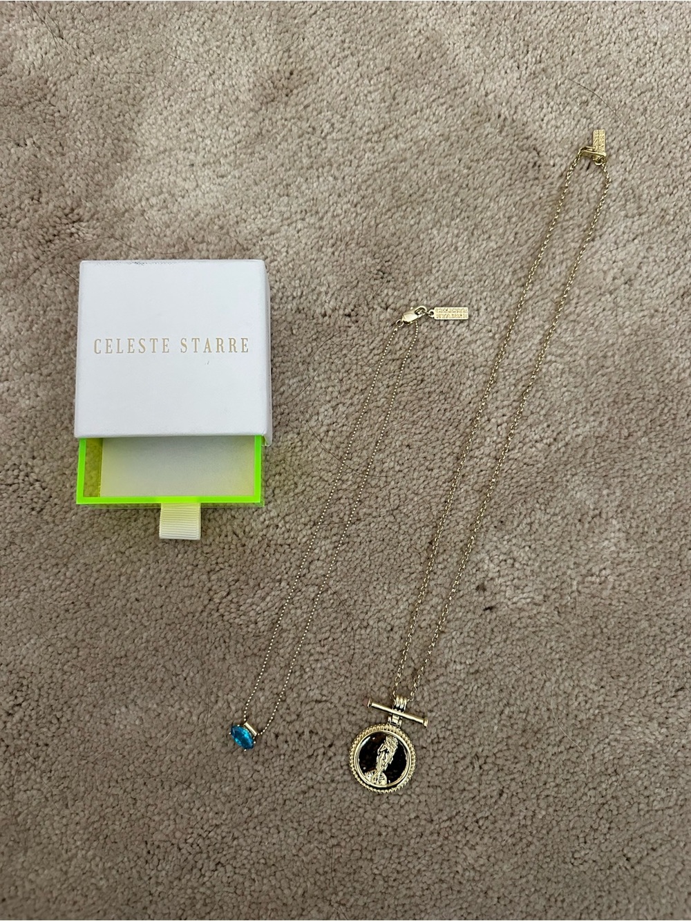 Gold Tone Coin & Blue Stone Pendant Necklace Set